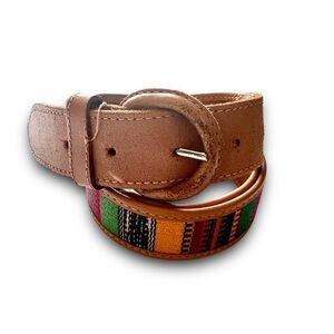 Ethnic handcrafted Guatemalan serape textured leather unisex western belt Sz LG